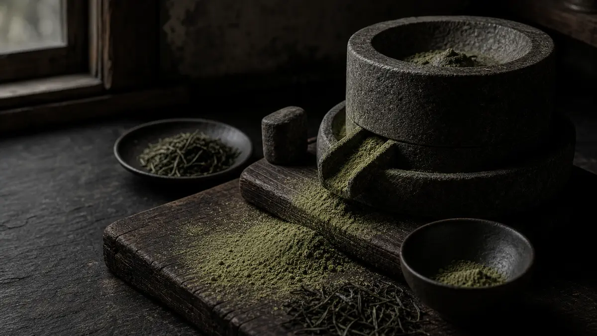Dark atmospheric editorial tea photograph, low natural light from a single window casting deep shadows across a stone su