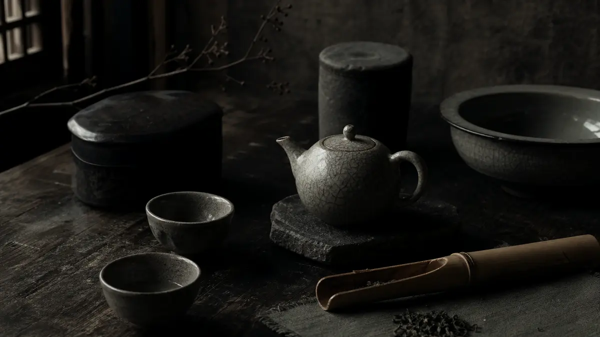 dark atmospheric editorial photograph of traditional Korean tea ceremony equipment arranged on aged dark wood table, cer