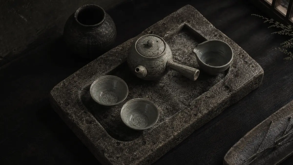 Dark atmospheric editorial photograph of a curated arrangement of traditional Korean tea ceremony vessels on a weathered