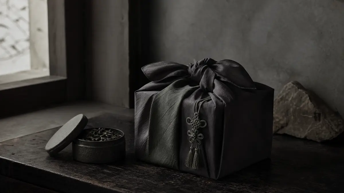 dark atmospheric editorial photograph of a meticulously wrapped Korean tea gift box on aged dark wood surface, tradition