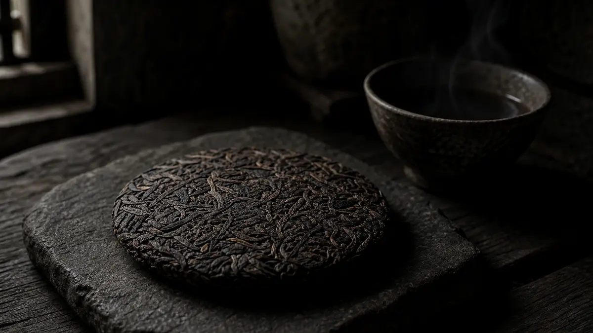 Dark atmospheric editorial photograph of aged Korean fermented tteok-cha brick tea, compressed disc of dark oxidized tea