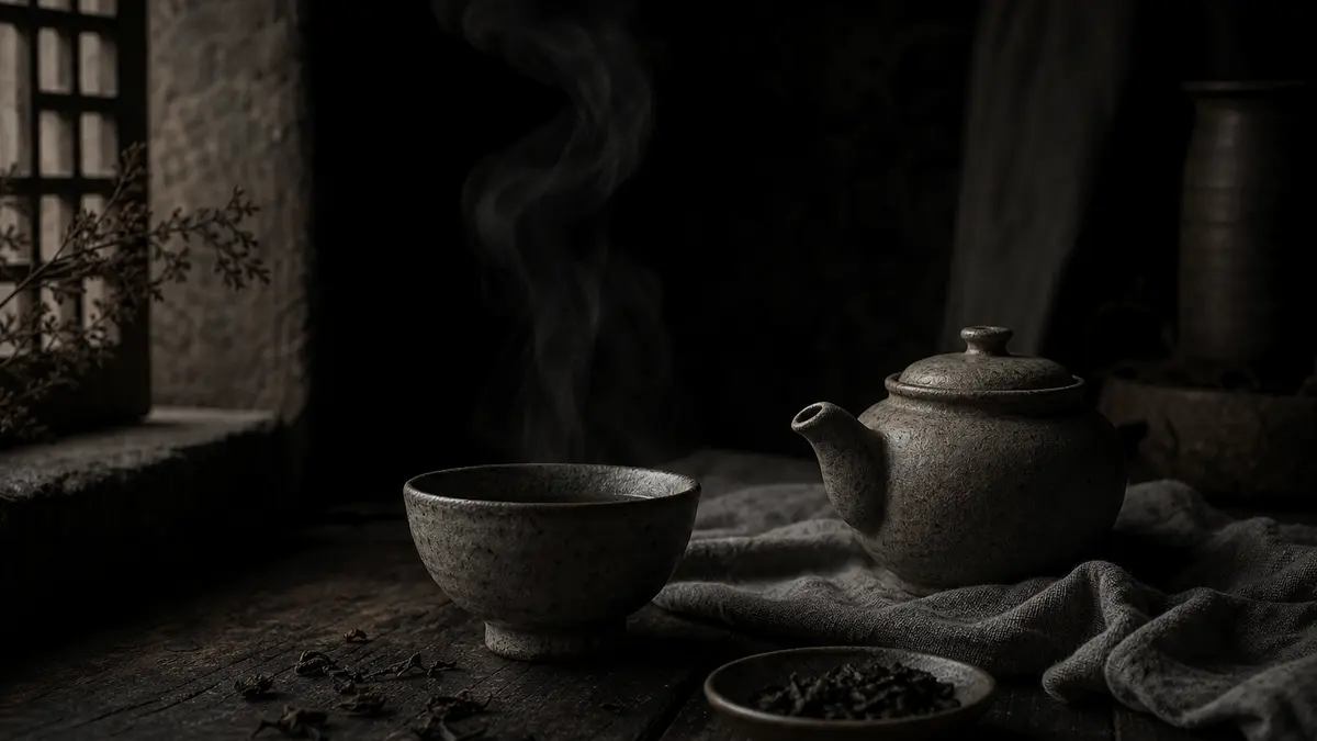 Dark atmospheric editorial photograph of traditional Korean tea ceremony objects arranged in contemplative stillness, un