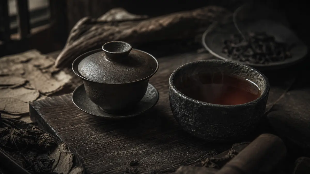 dark atmospheric editorial tea photograph, small weathered clay gaiwan beside a rough stone cup holding deep amber-brown