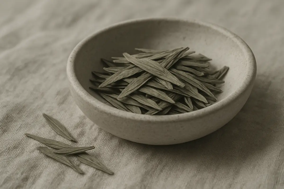 A close-up flat lay of premium Ming Qian Longjing loose tea leaves arranged on a pale stone surface