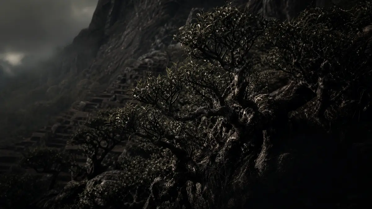 dark atmospheric editorial tea photograph, aerial-style close composition of ancient gnarled tea bushes growing on steep