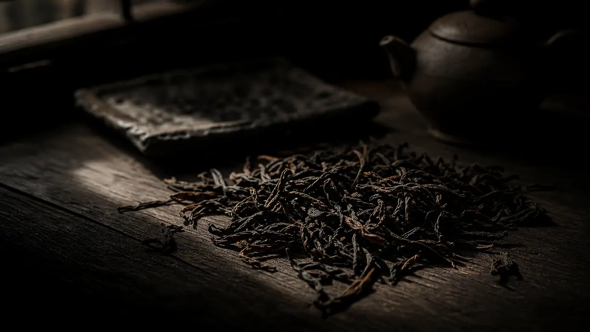 dark atmospheric editorial tea photograph, loose dancong oolong leaves with visible twisted rope-like forms resting on a