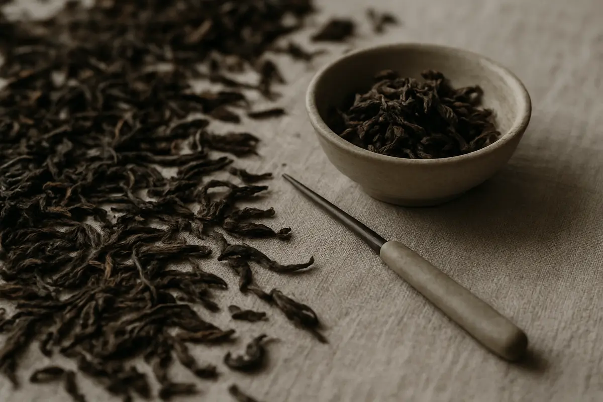 Close-up editorial photograph of loose aged pu-erh tea leaves scattered on a weathered natural linen surface