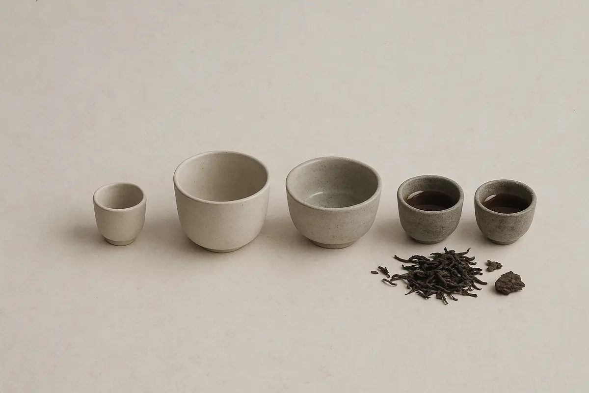 A warm editorial still life of a small rustic ceramic teacup filled with deep amber pu-erh tea liquid
