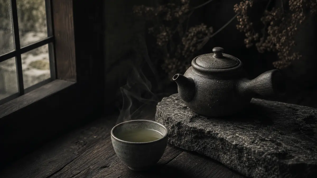Dark atmospheric editorial photograph of a traditional Korean ceramic teapot and a small handleless tea cup filled with 