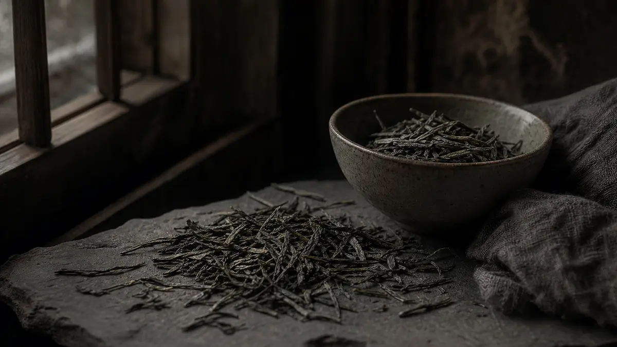 Dark atmospheric editorial photograph of loose leaf Korean green tea leaves scattered on a weathered stone surface next 