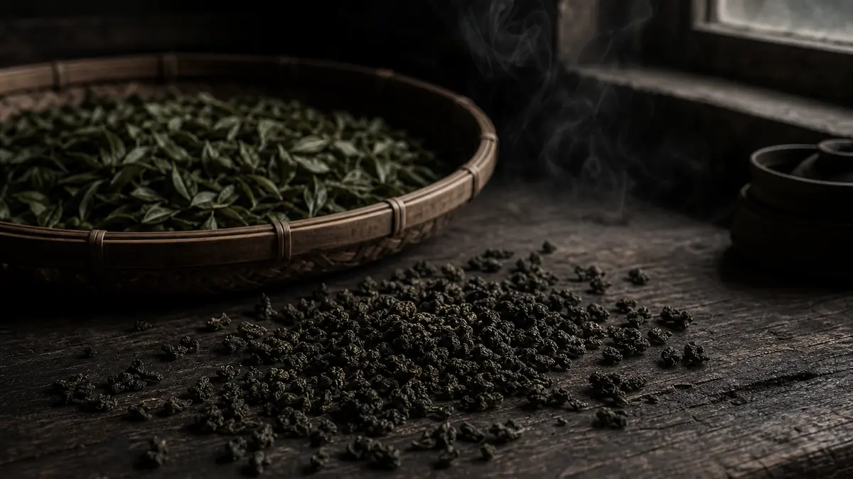 dark atmospheric editorial tea photograph, low natural light from one window, deep shadows, rich blacks, muted desaturat