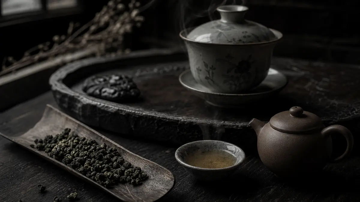 dark atmospheric editorial tea photograph, low natural light from one window, deep shadows, rich blacks, muted desaturat