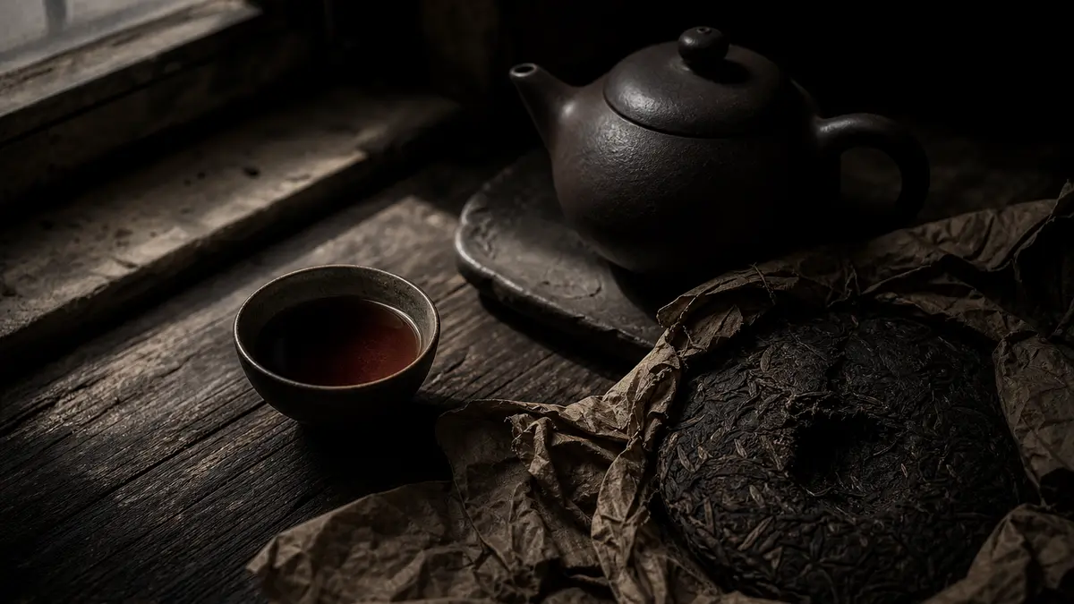 Dark atmospheric editorial tea photograph, a aged clay yixing teapot resting on weathered dark wood surface beside a sma