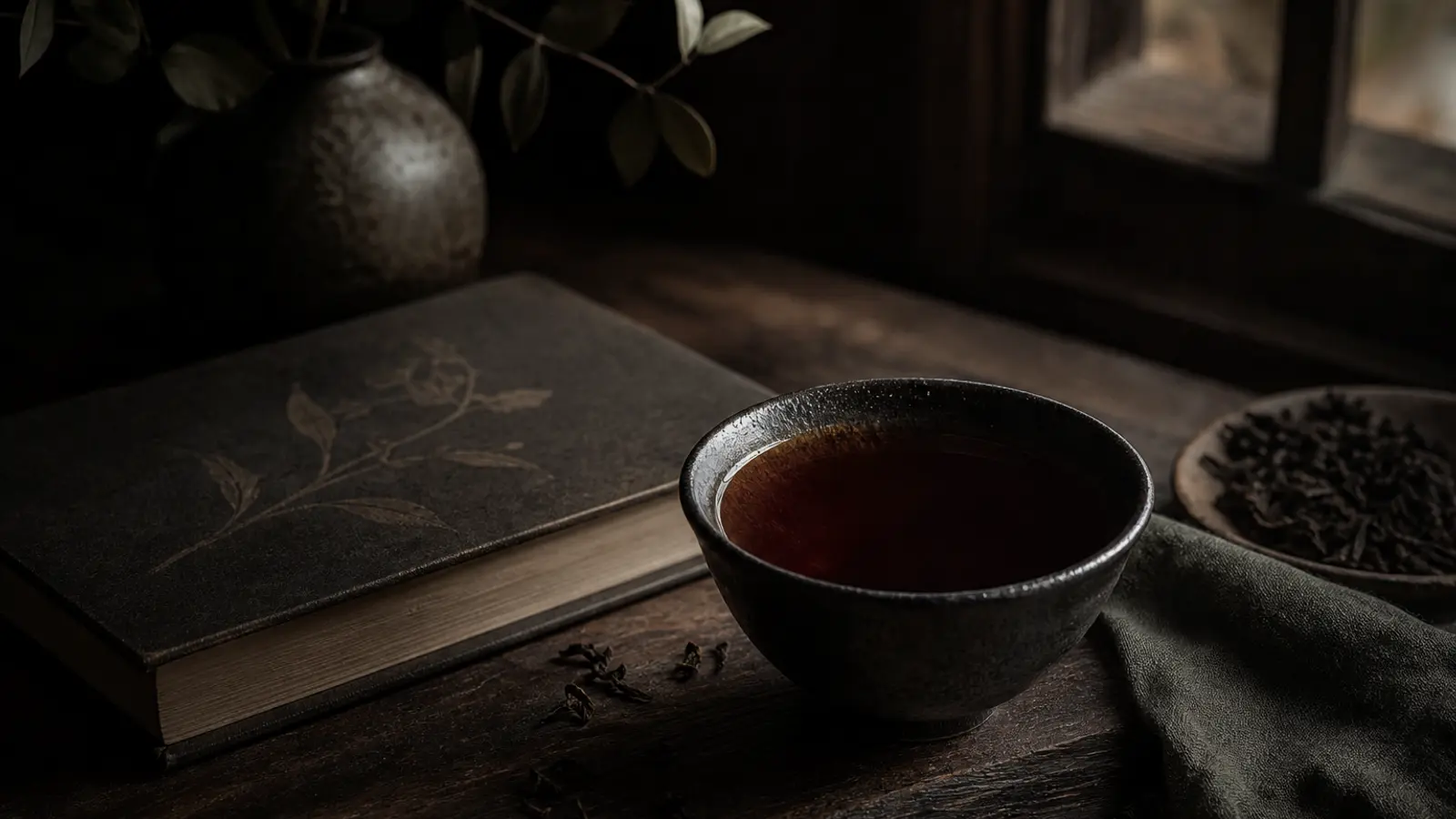 Dark ceramic cup of amber pu-erh tea beside a closed book on wood, glowing in warm evening light.