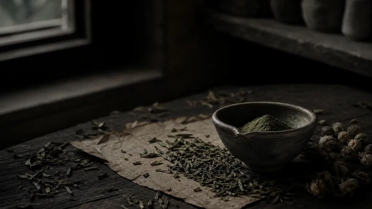 Dark atmospheric editorial photograph of loose green tea leaves scattered across aged dark wood surface, a small antique
