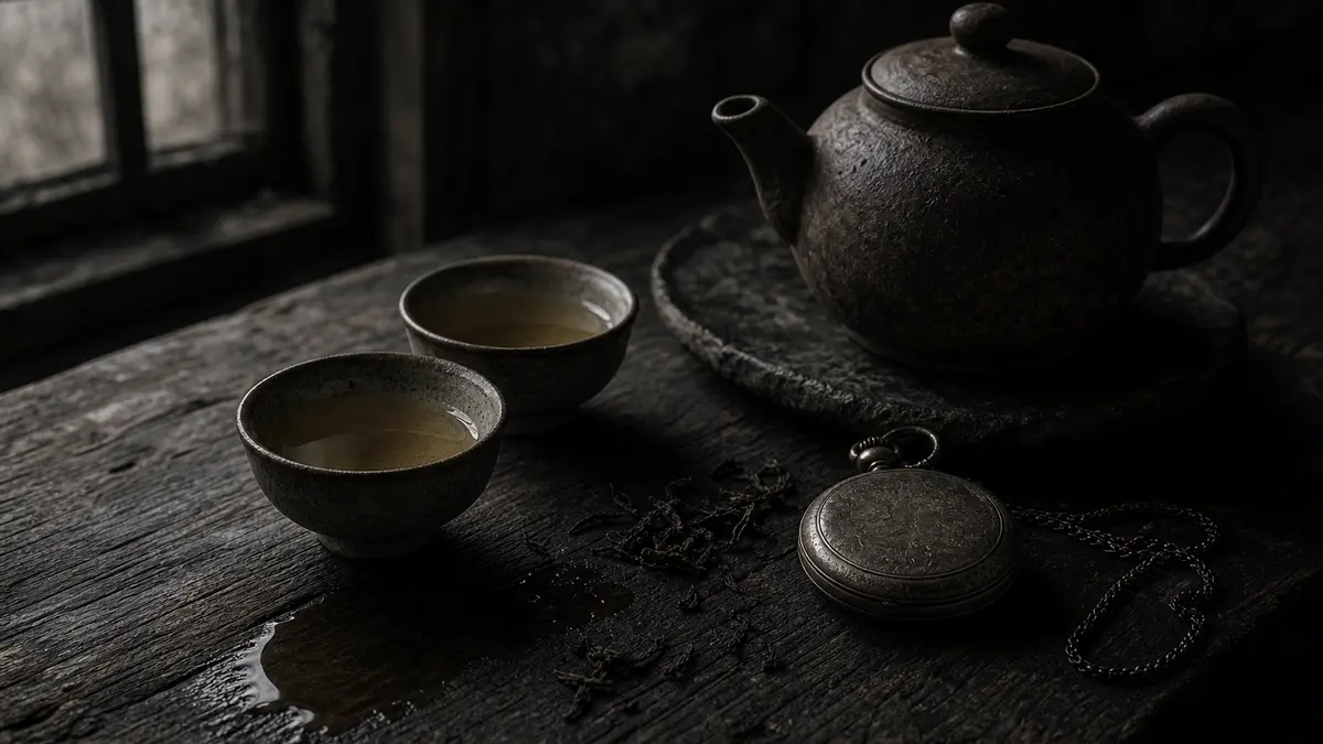 Dark atmospheric editorial photograph of two small ancient ceramic tea cups filled with pale golden green tea beside a w