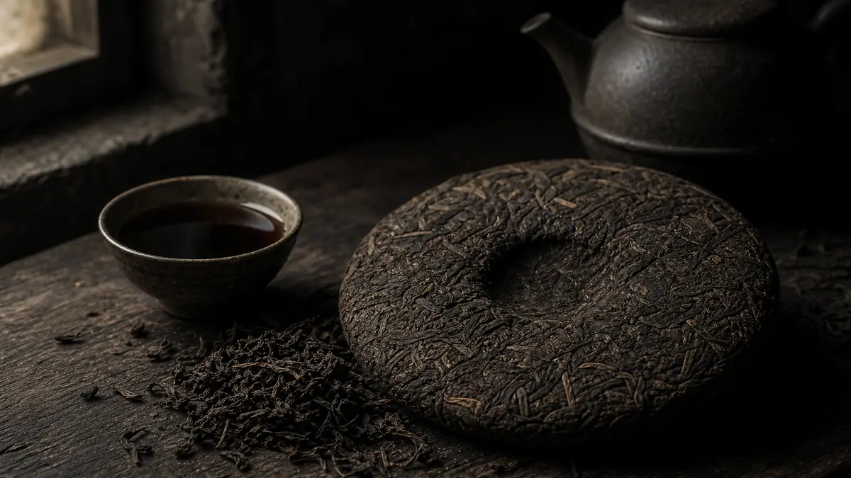 dark atmospheric editorial photograph of aged compressed pu-erh tea cake resting on weathered dark wood surface, loose f