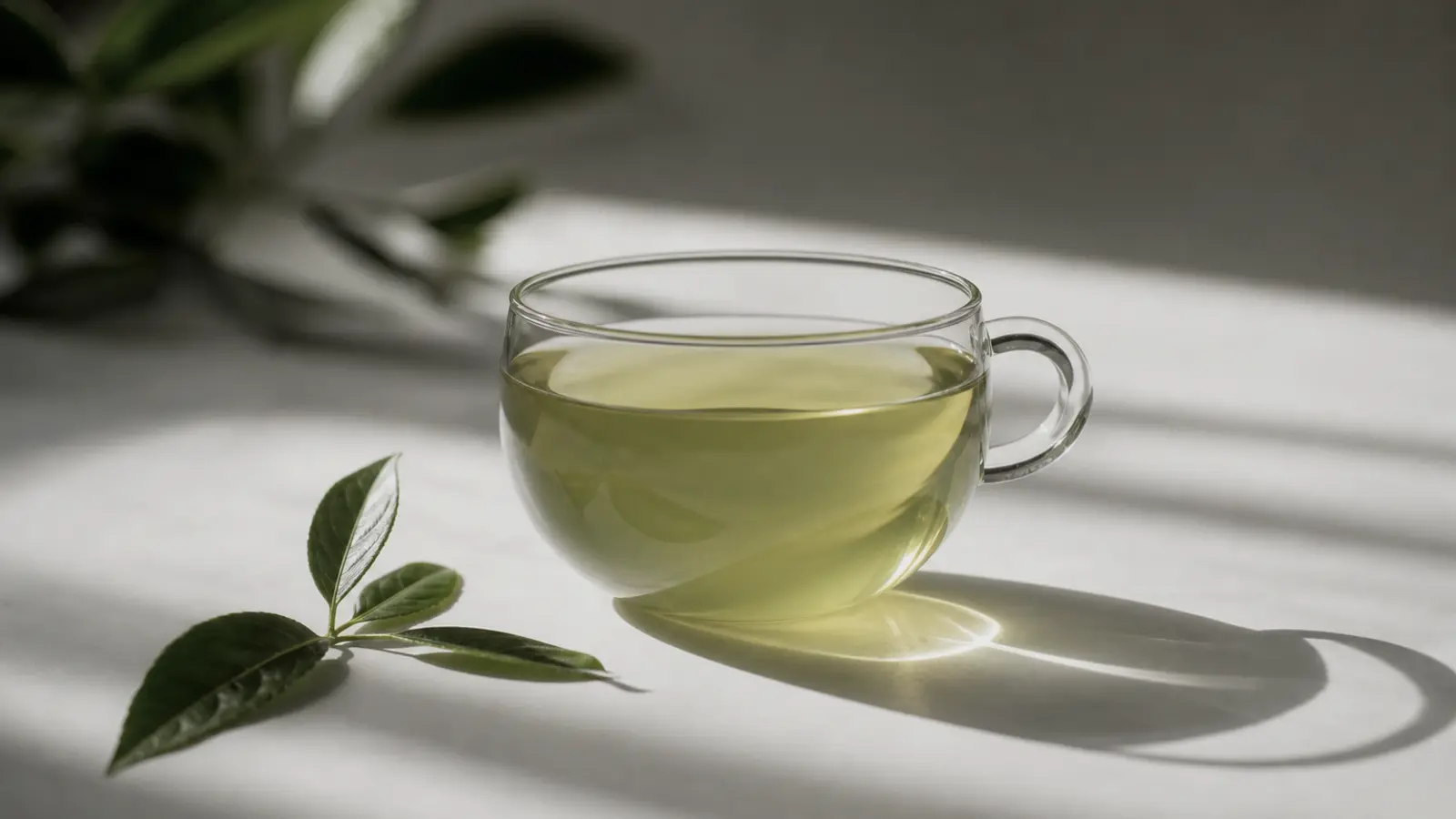 Glass cup of green tea with jade-green liquor on a white surface in bright natural light