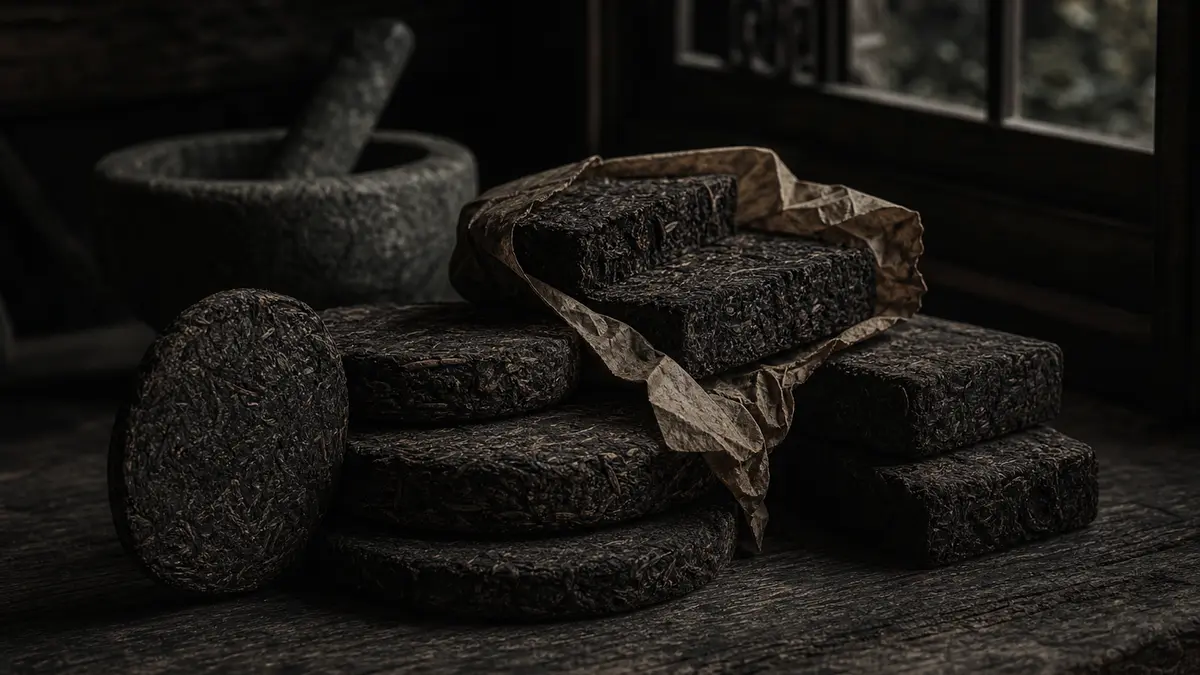 Dark atmospheric editorial photograph of aged shou pu-erh tea bricks stacked on weathered dark wood surface, low natural
