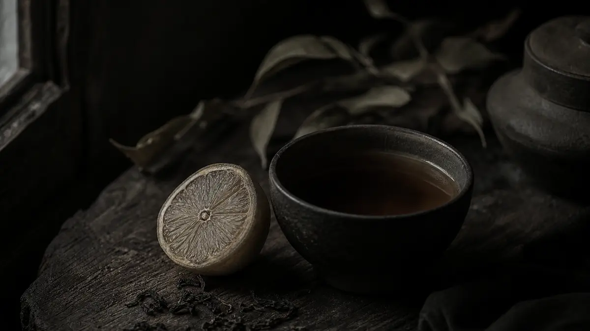 dark atmospheric editorial photograph of a single halved lemon resting beside a small dark ceramic teacup filled with de