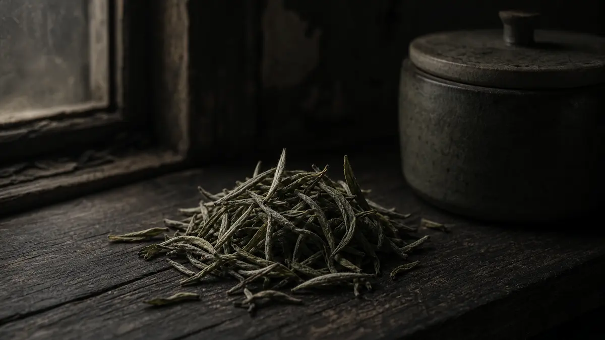 dark atmospheric editorial tea photograph, a small hand-picked pile of delicate first-flush Korean green tea leaves rest