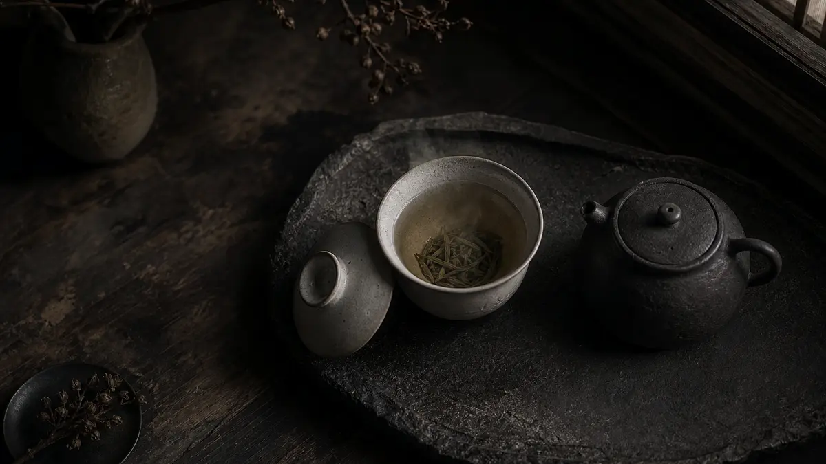 dark atmospheric editorial tea photograph, a small Korean ceramic gaiwan with pale golden-green tea inside sitting on a 