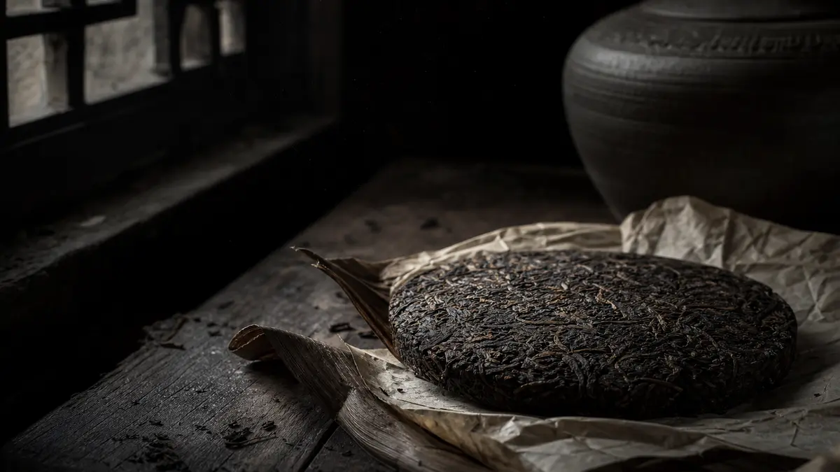 Dark atmospheric editorial tea photograph, low natural light from a single window casting deep shadows across an ancient