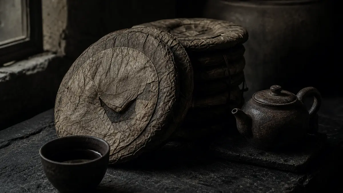 Dark atmospheric editorial tea photograph, single window light falling obliquely across a collection of decades-old pu-e