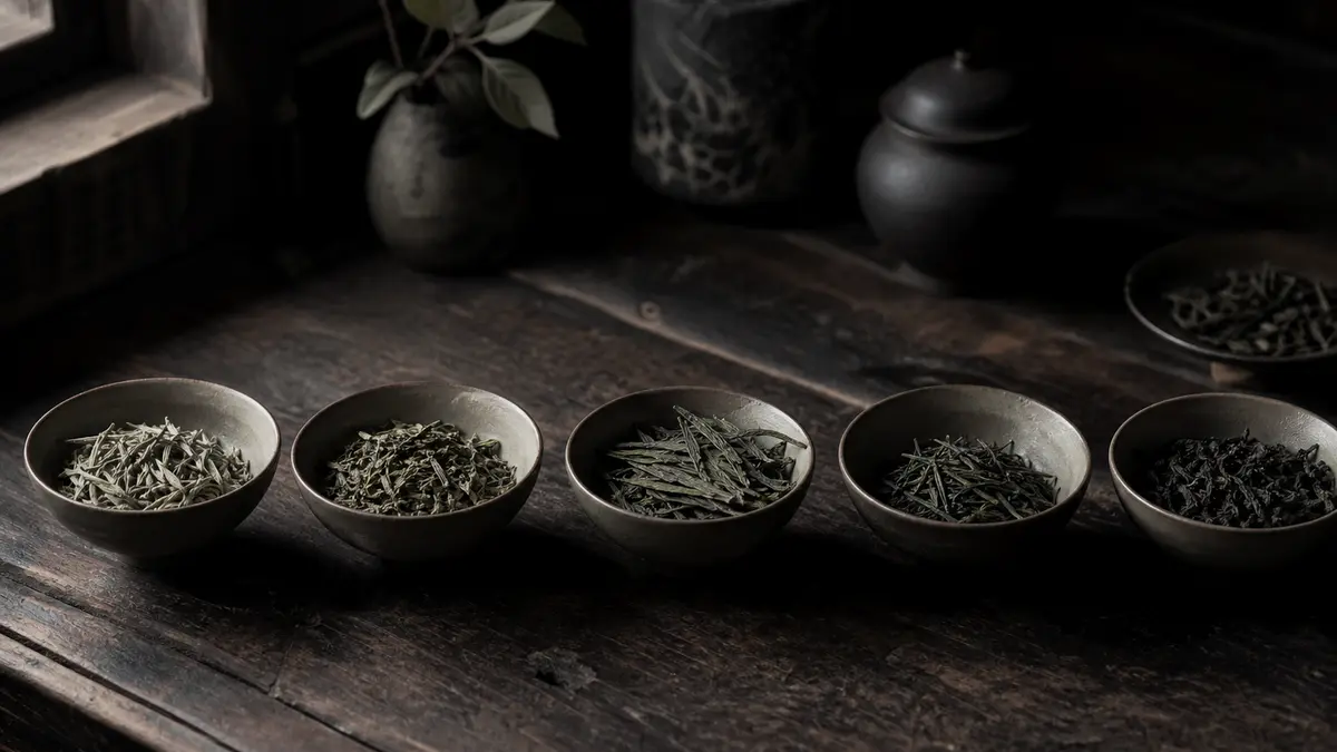Dark atmospheric editorial photograph of several small ceramic bowls arranged on aged dark wood surface, each containing