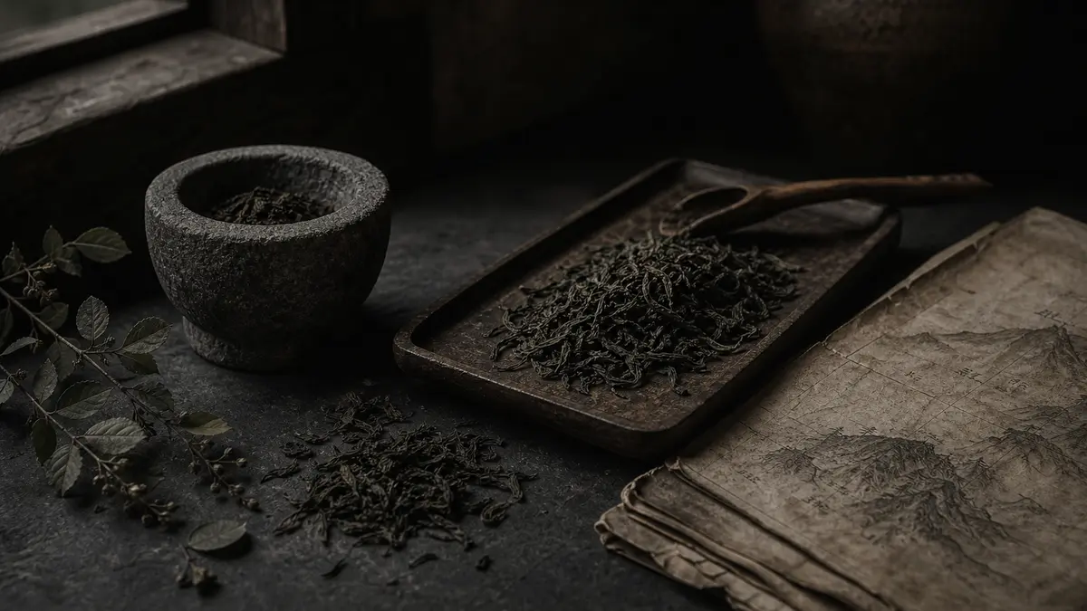 Dark atmospheric editorial photograph of a weathered stone mortar and aged wooden tray holding loose Korean tea leaves b