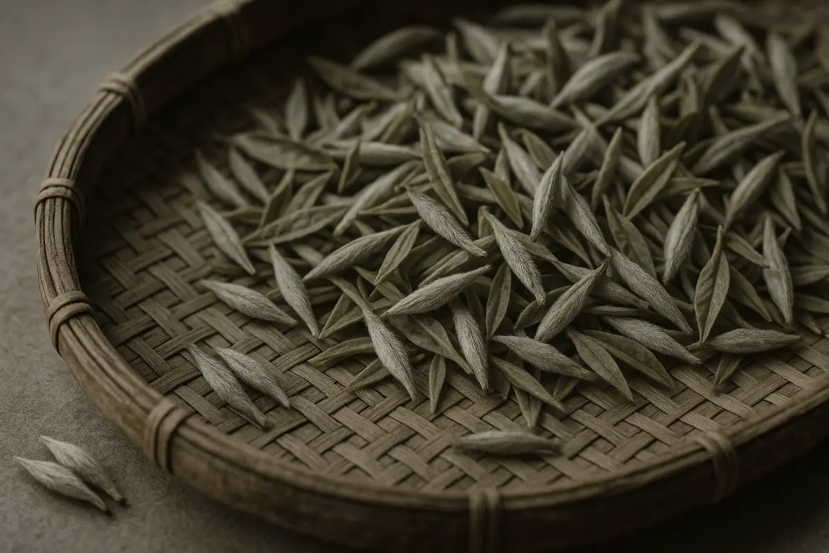 Close-up editorial still life of freshly harvested white tea leaves and buds spread across a rustic woven bamboo drying tray
