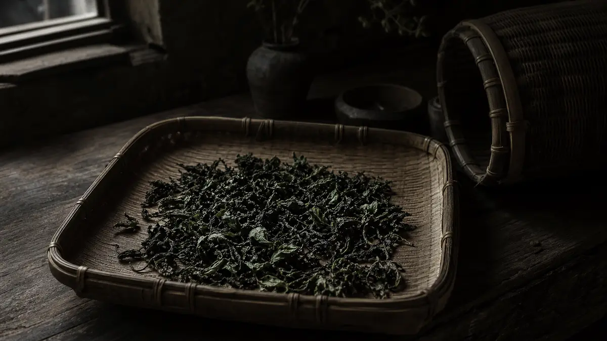 Dark atmospheric editorial tea photograph, a weathered bamboo tray holding partially oxidized oolong tea leaves mid-proc