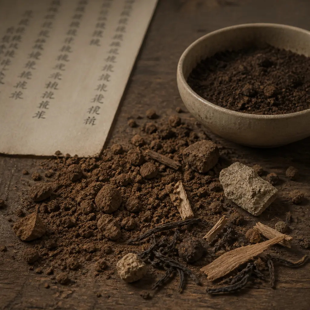 Close-up editorial still life of dry crumbly reddish-brown clay soil fragments and small weathered stones resting on age