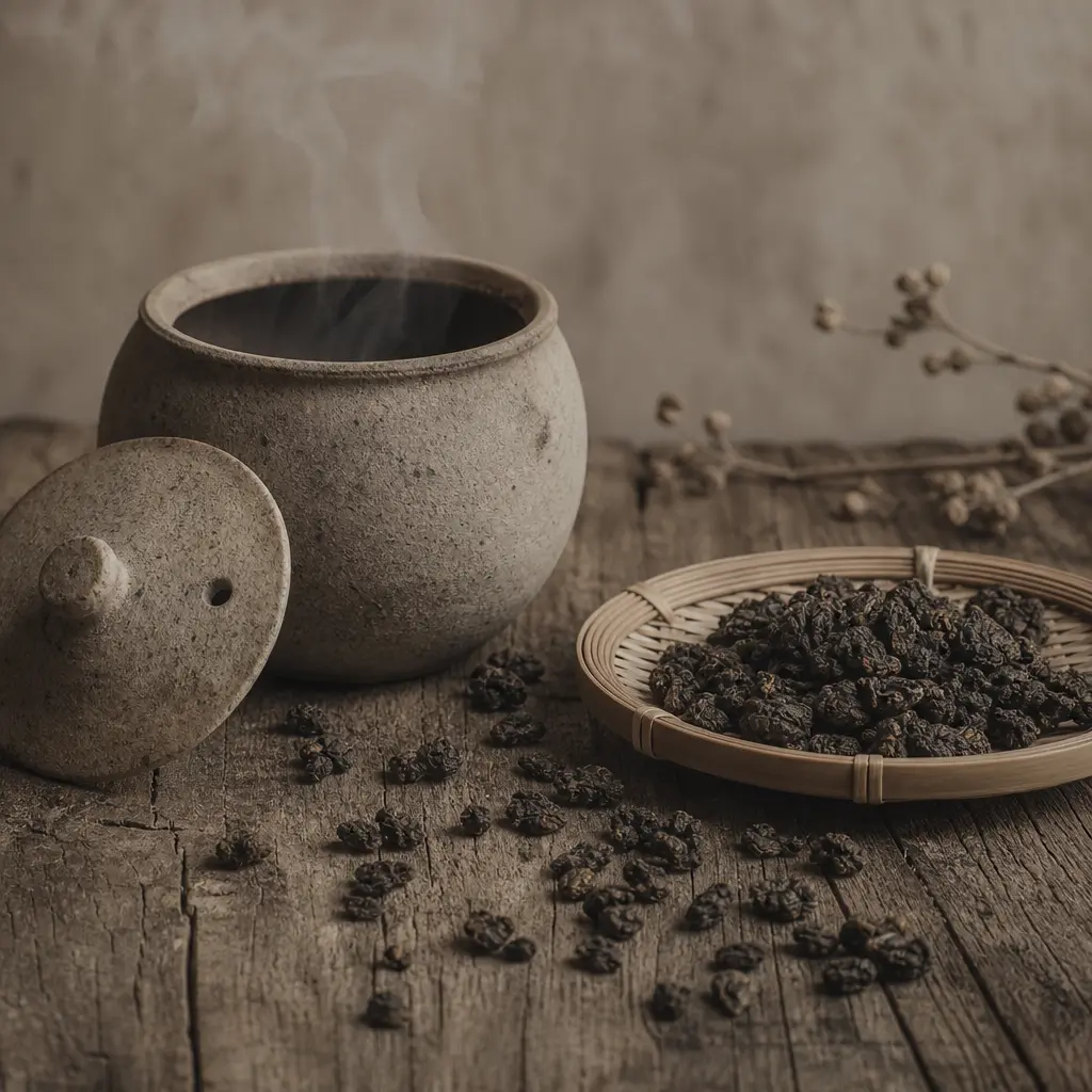 Editorial still life of tightly rolled dark oolong tea leaves scattered across weathered aged wood plank surface, unglaz