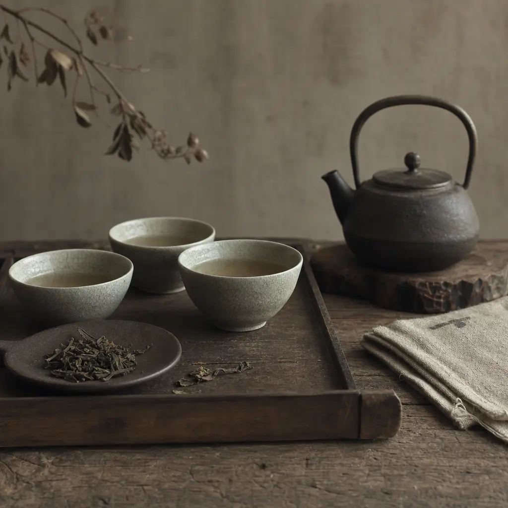 muted desaturated editorial tea photography, aged parchment warmth, faded tonal colors, soft diffused overcast light, tr