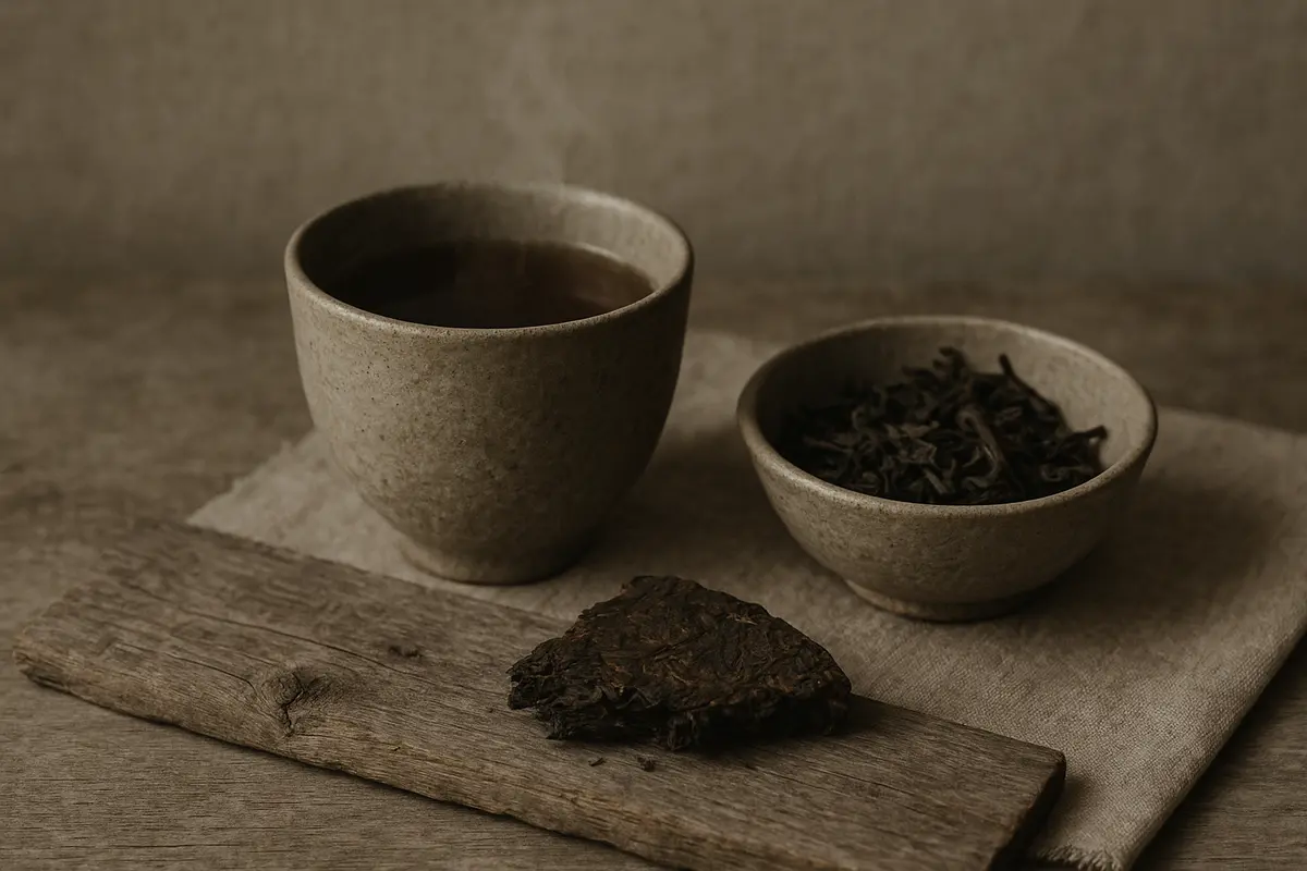 Editorial still life of a rough unglazed ceramic teacup beside a small weathered clay bowl containing dried aged pu-erh 