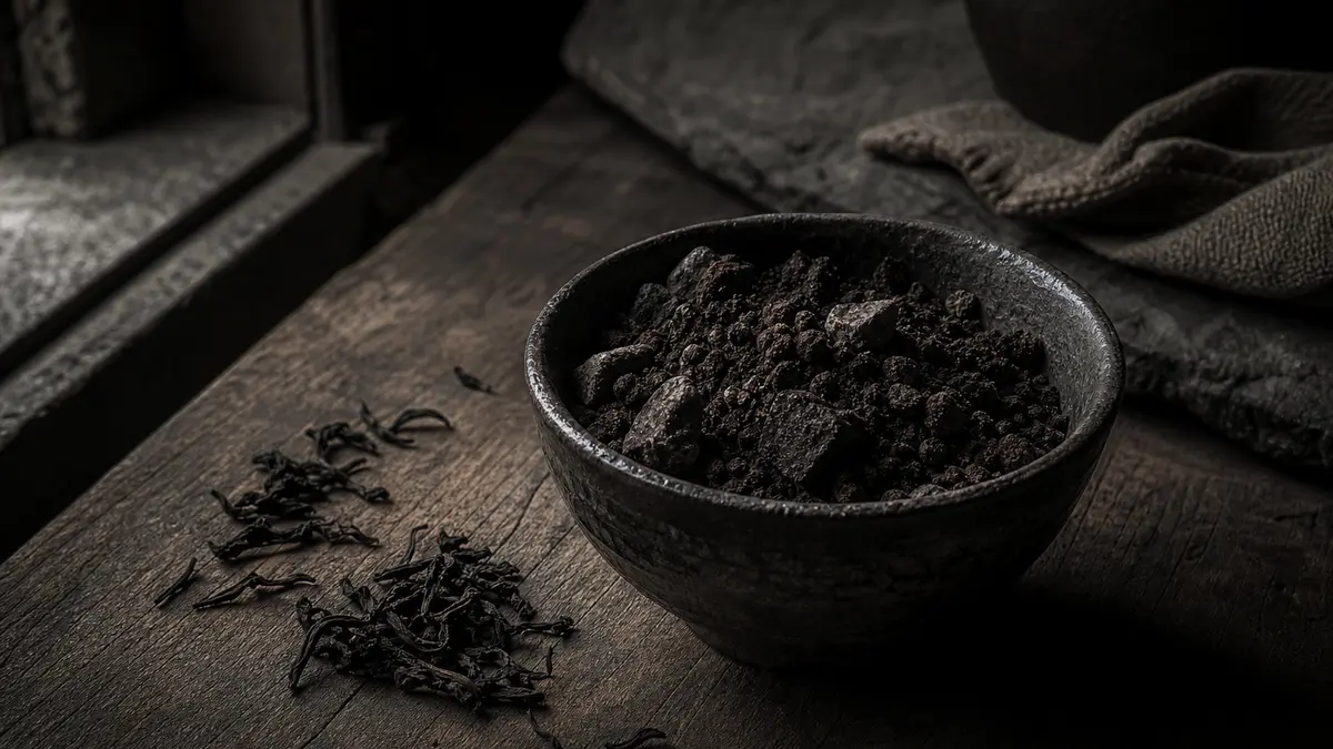 Dark atmospheric editorial tea photograph, a weathered ceramic bowl filled with crumbled dark mountain soil and small ro