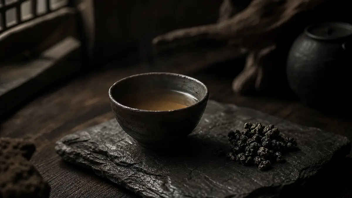 Dark atmospheric editorial tea photograph, a single handmade clay teacup filled with pale golden oolong tea sitting on a