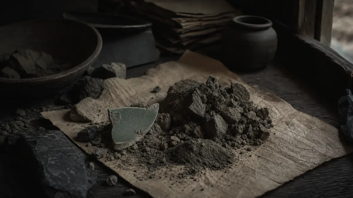Dark atmospheric editorial photograph of raw Korean celadon clay soil samples and crumbled earth on a weathered dark woo