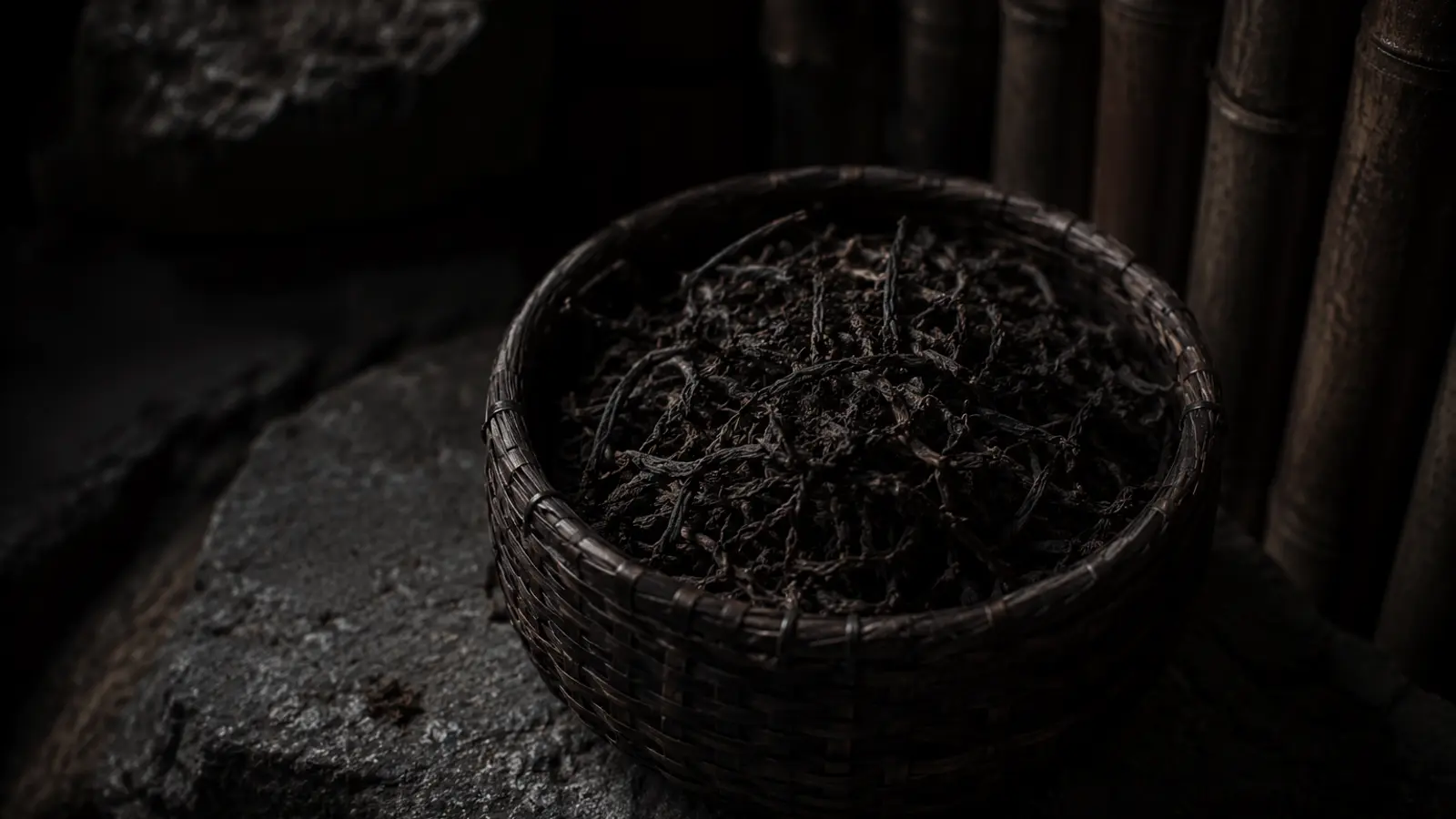 Aged Liu Bao dark tea leaves spilling from a woven bamboo basket onto stone, lit by warm natural light.