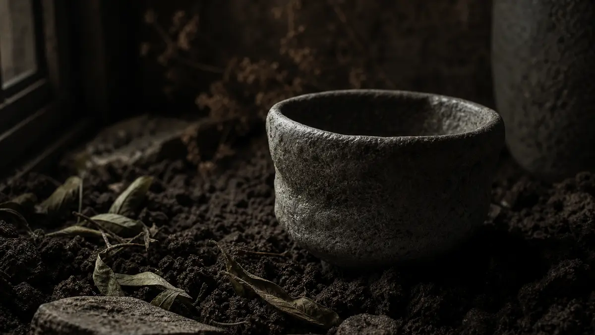 dark atmospheric editorial tea photograph, a rough stoneware Korean ceramic bowl resting on dark crumbled earth and clay