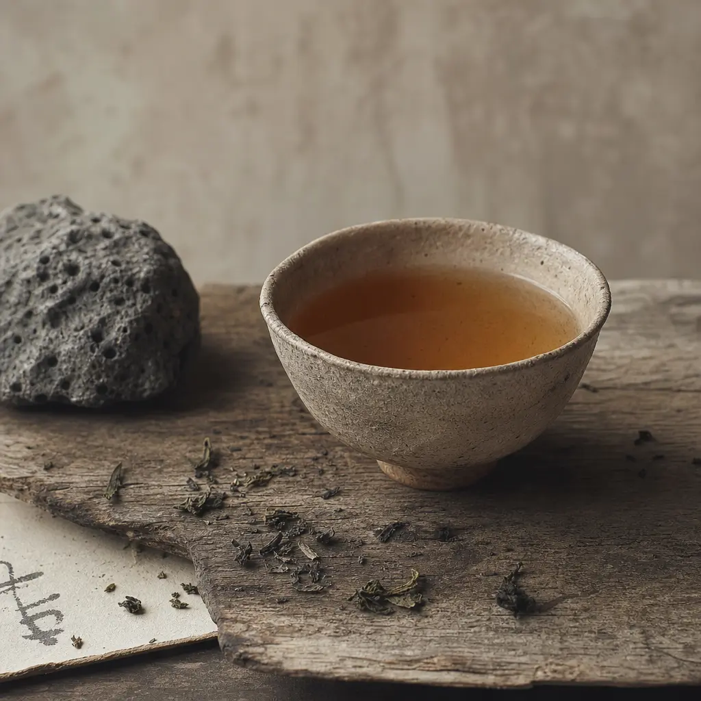 Editorial still life of a weathered unglazed ceramic tea bowl filled with pale amber steeped tea resting on a worn aged 