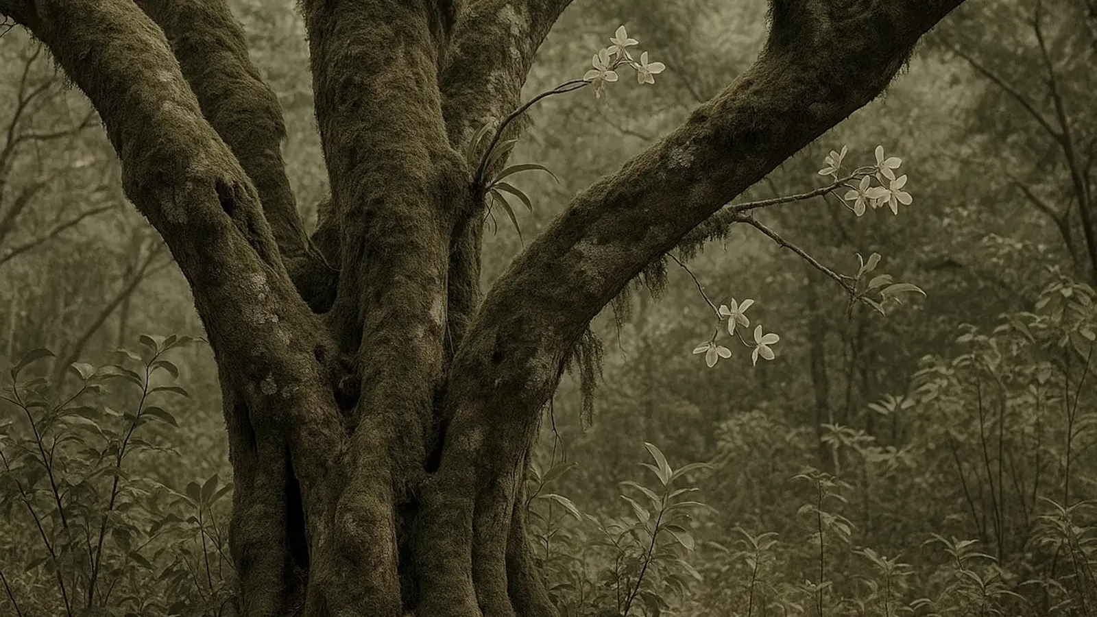 Ancient moss-covered tea tree trunks rise through lush Jingmai Mountain forest, dappled gold light filtering through the canopy above.