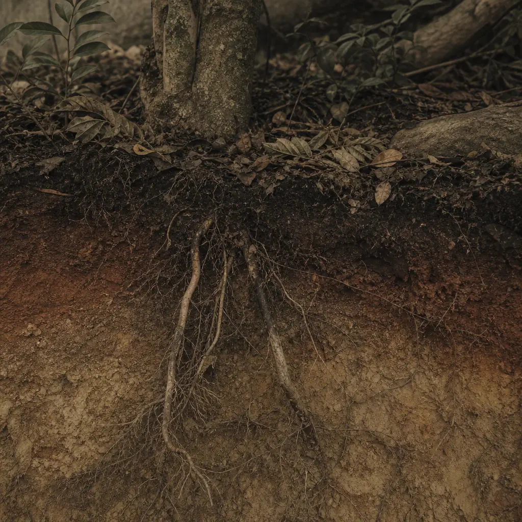 Deep forest soil cross-section showing ancient tea tree root systems descending through layered red laterite and mineral-rich earth