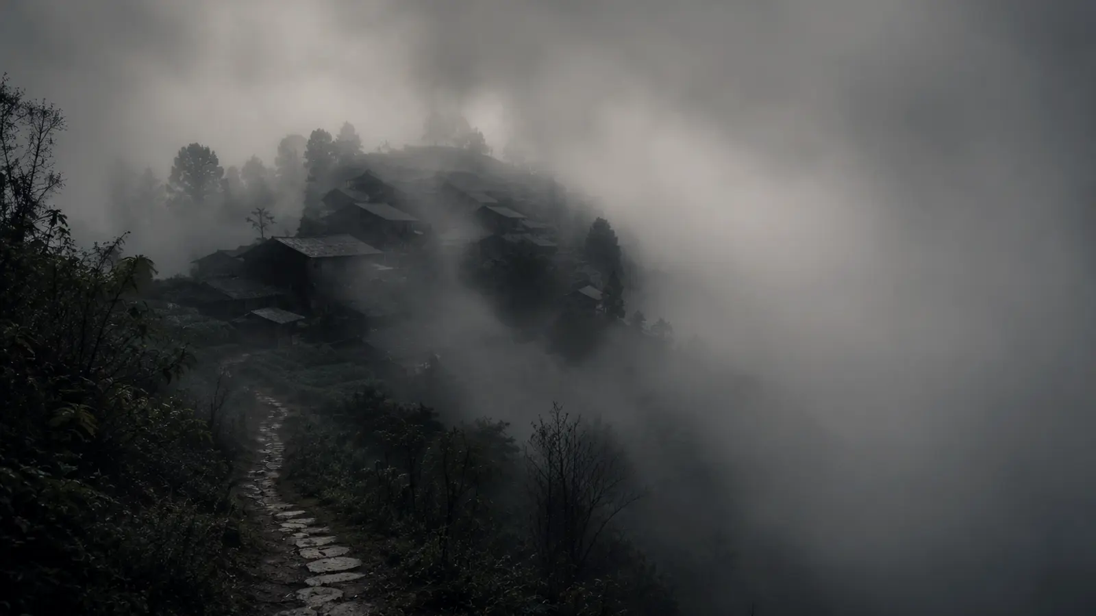Misty Yunnan mountain peak with ancient tea trees on steep slopes shrouded in morning fog