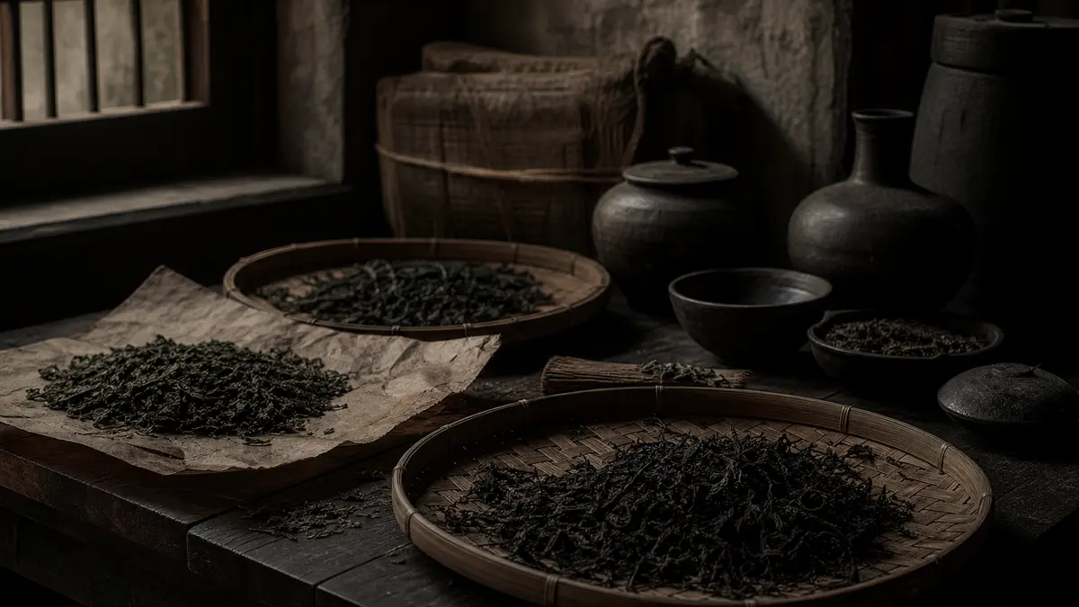 dark atmospheric editorial tea photograph, a weathered wooden table holding a traditional Korean oxidized tea laid out o