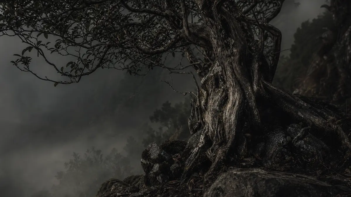 dark atmospheric editorial tea photograph, ancient gnarled tea tree trunk with twisted bark and sparse aged leaves, grow