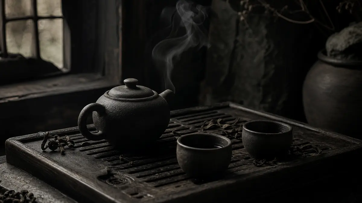 dark atmospheric editorial tea photograph, small unglazed clay teapot resting on a weathered dark wood tea tray with nat