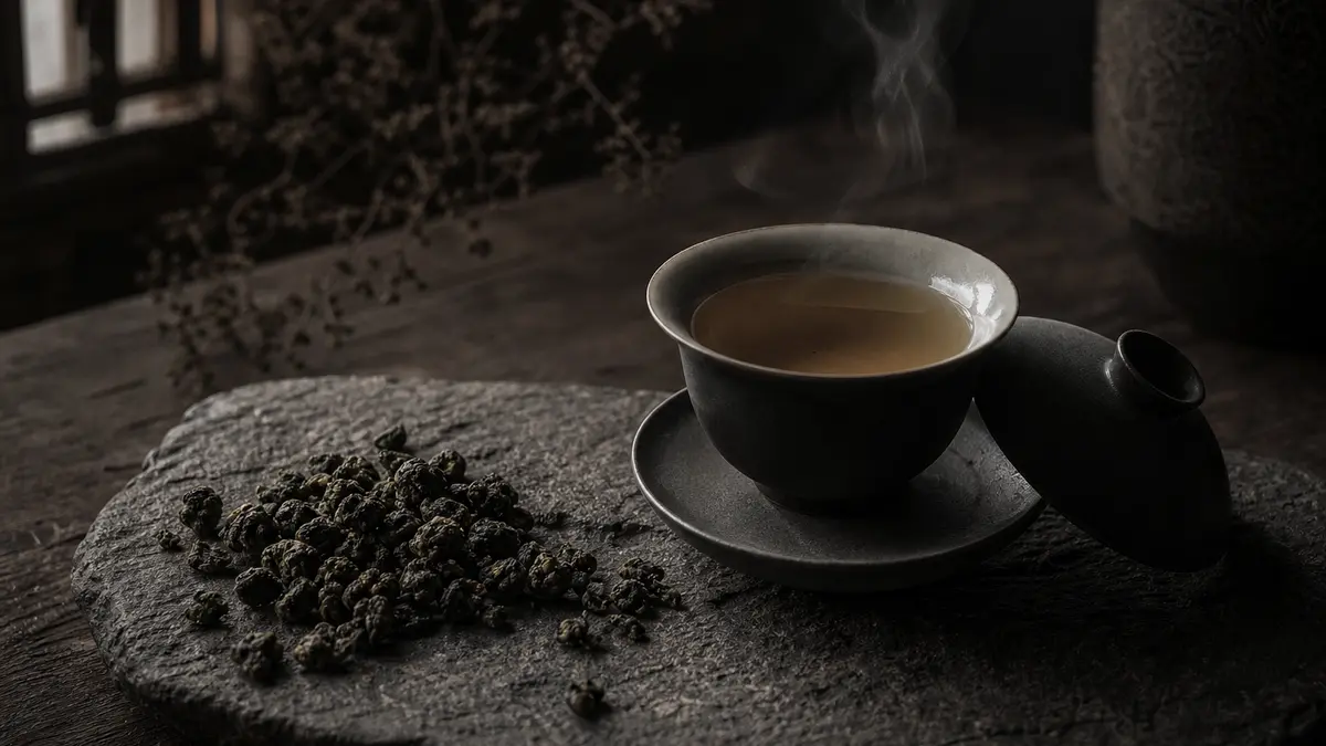 dark atmospheric editorial tea photograph, a small dark ceramic gaiwan filled with pale golden oolong tea liquor beside 