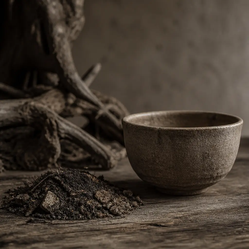 muted desaturated editorial tea photography, aged parchment warmth, faded tonal colors, soft diffused overcast light, cl